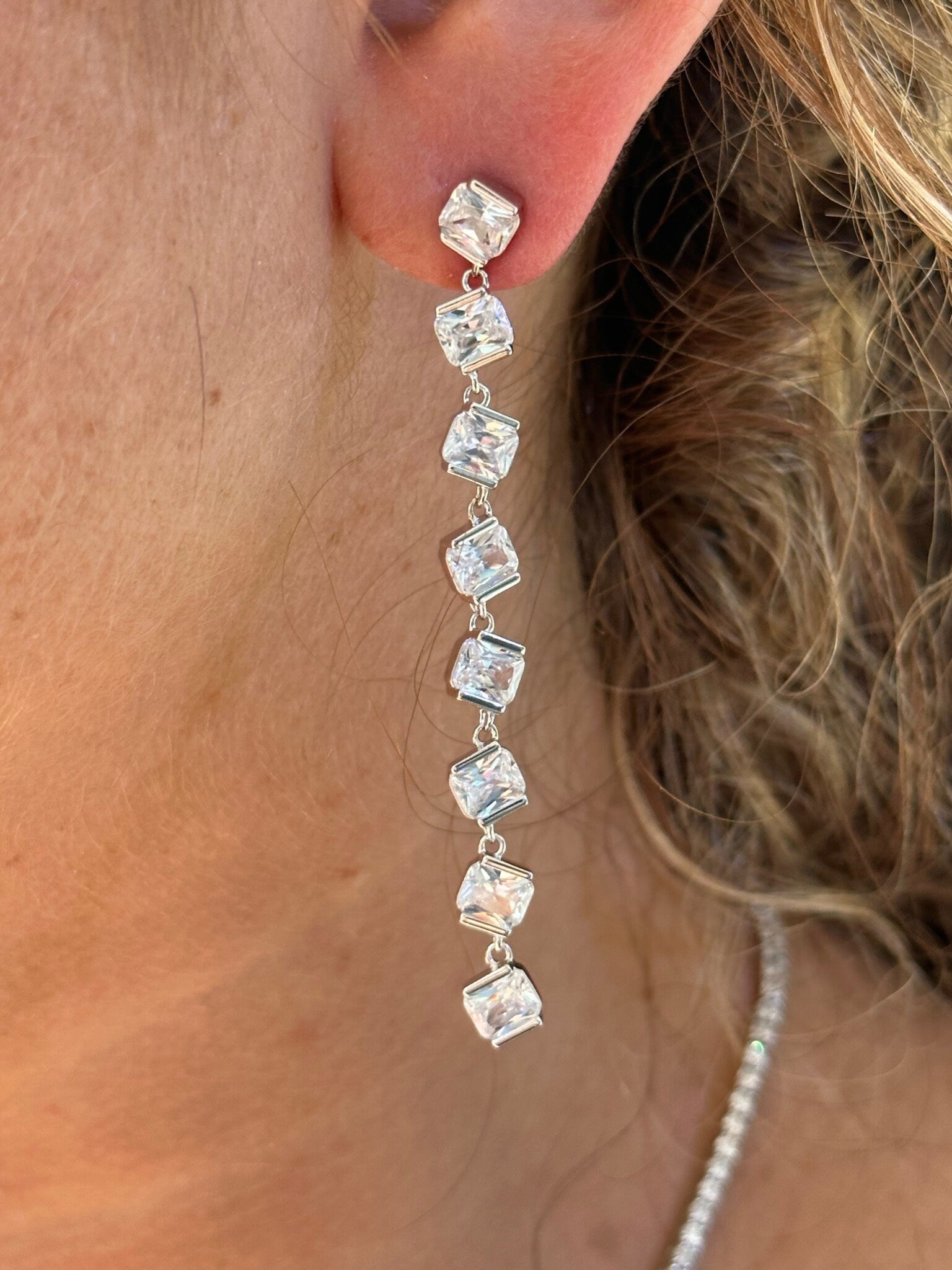 LIV Platinum Sterling Silver Halo Cushion White Long Chandelier Bridal Earrings Gift