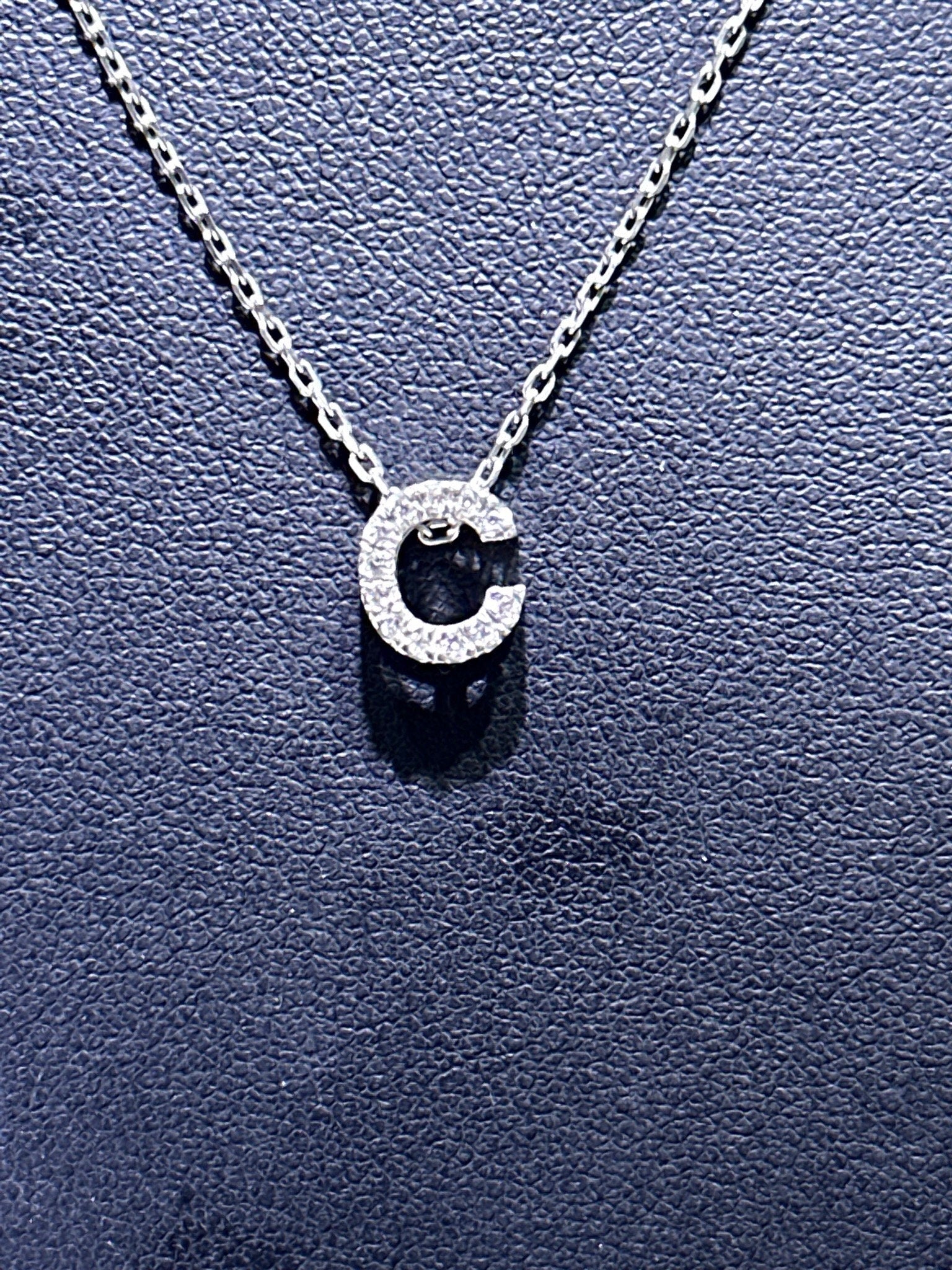 LIV 14k White Gold & Natural Diamonds Initial C Design Letter Alphabet Necklace 16"L