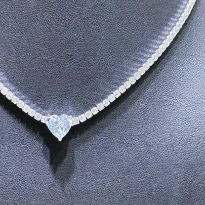 LIV Platinum Sterling Silver White Sapphire Heart Shape Choker Thin Tennis Necklace