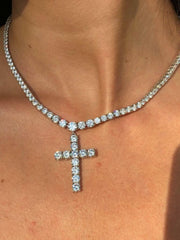 LIV Platinum Sterling Silver White Sapphire Custom Cross Graduated Tennis Necklace