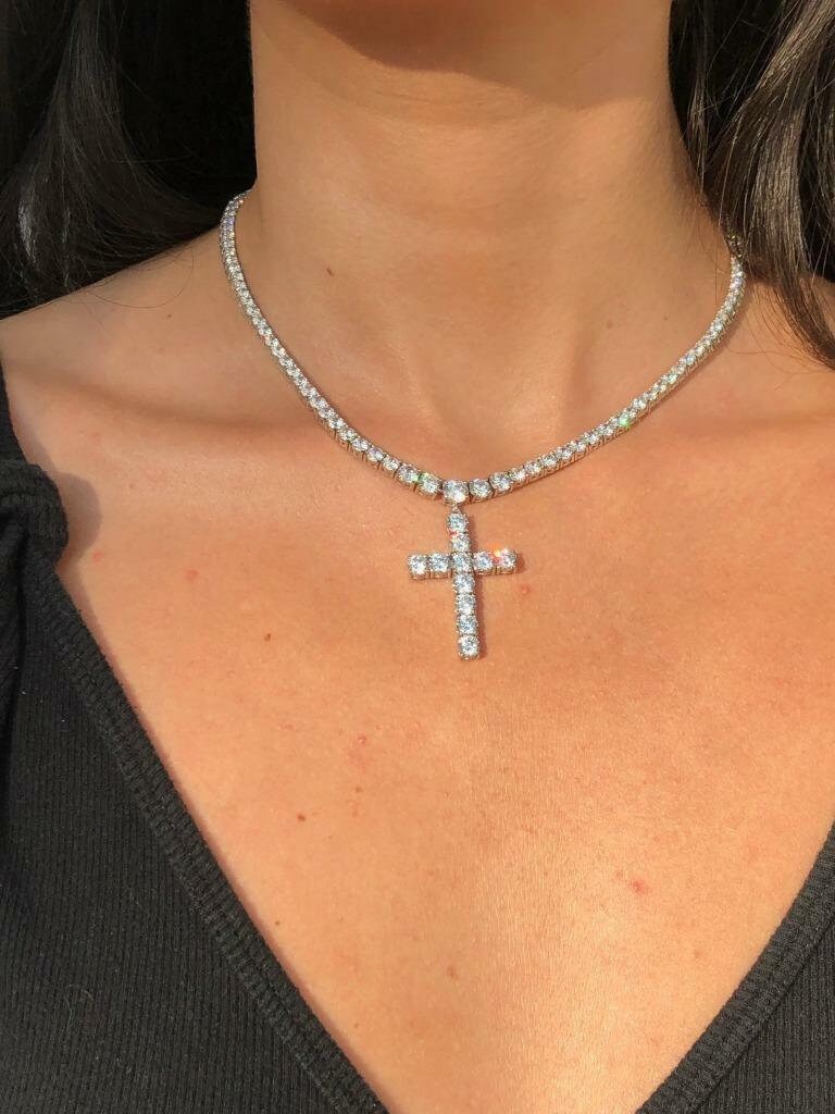 LIV Platinum Sterling Silver White Sapphire Custom Cross Graduated Tennis Necklace