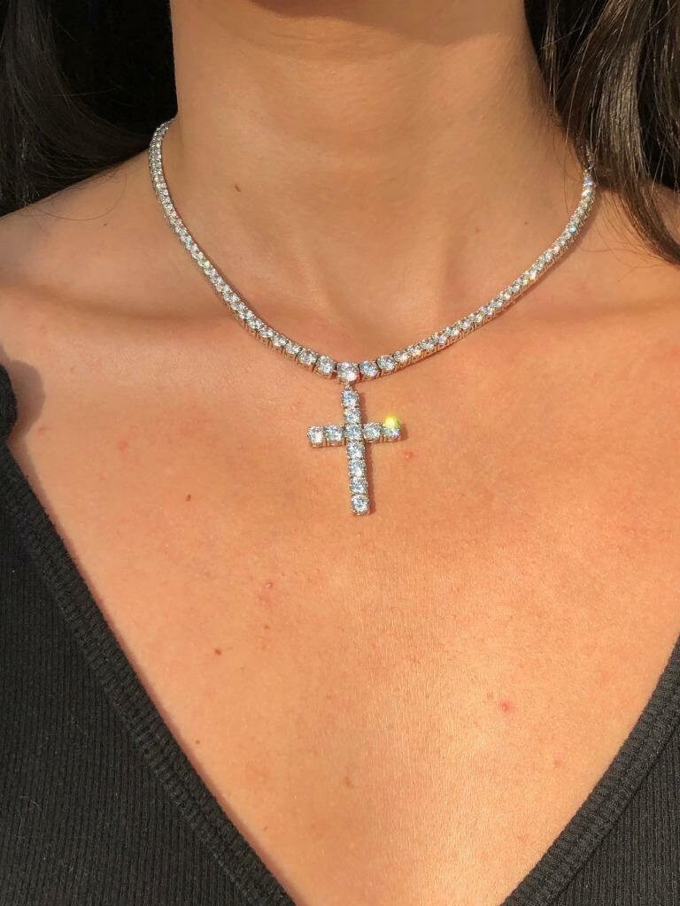 LIV Platinum Sterling Silver White Sapphire Custom Cross Graduated Tennis Necklace