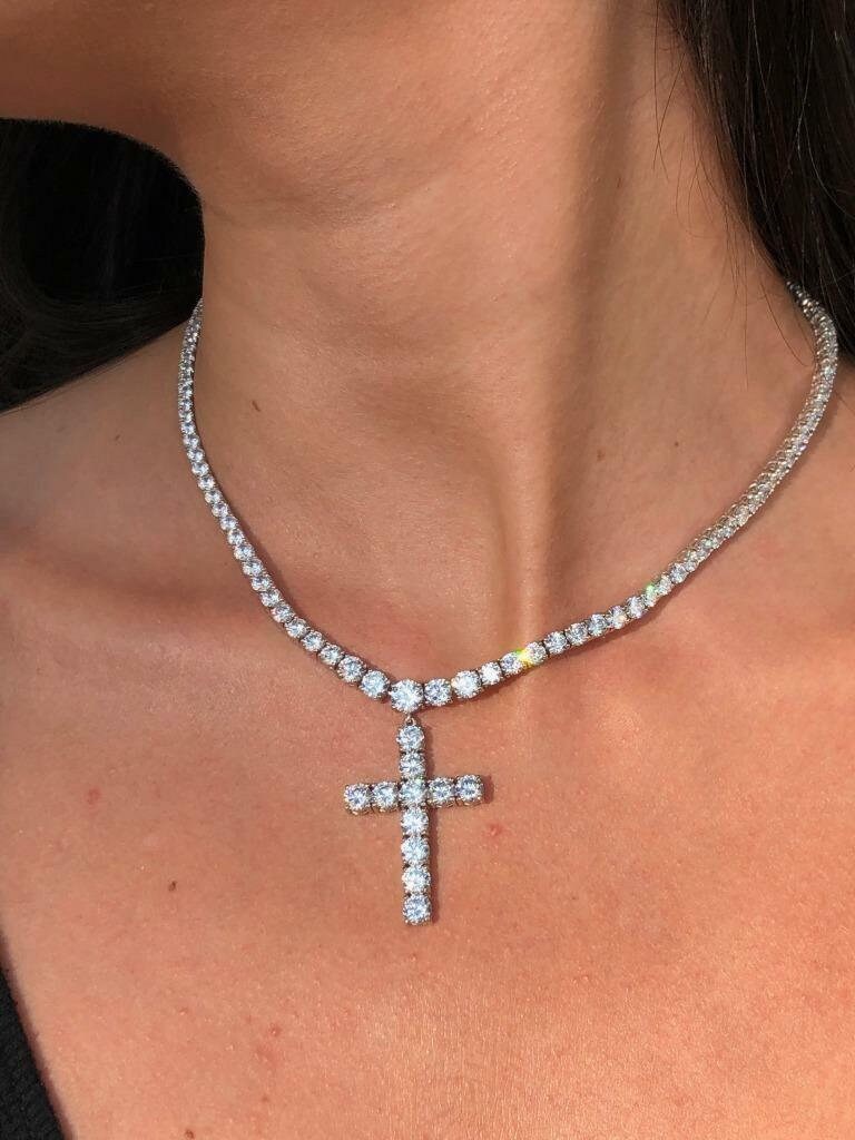 LIV Platinum Sterling Silver White Sapphire Custom Cross Graduated Tennis Necklace