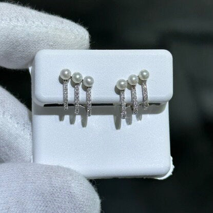 14k Solid White Gold & Diamonds Pearl Design Cuff Stud Earrings 0.12ct tw