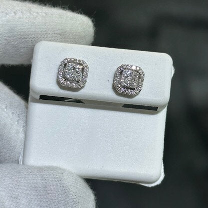 LIV 14k Solid White Gold & Diamonds Halo Design Square Stud Earrings 0.55ct tw