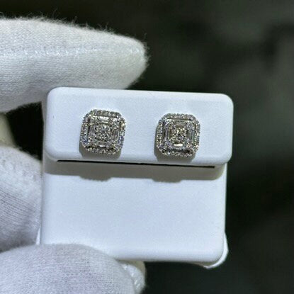 LIV 14k Solid White Gold & Diamonds Halo Design Square Stud Earrings 0.50ct tw
