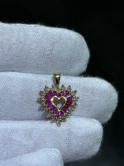 LIV 14k Yellow Gold Diamonds & Red Ruby Heart Design Charm Halo Pendant Gift