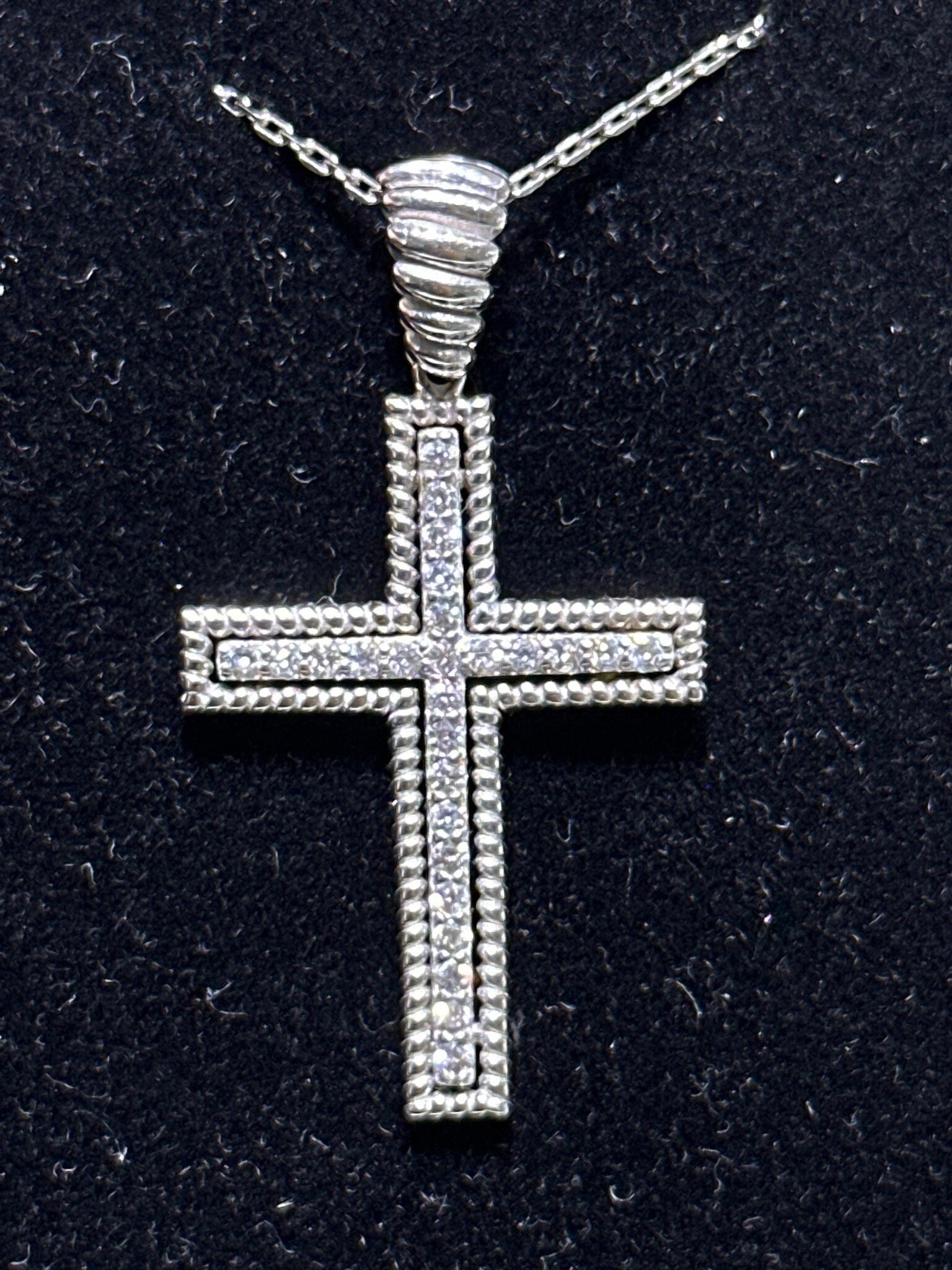 LIV 14k White Gold Natural White Diamonds Pave Cable Large Cross Crucifix Pendant