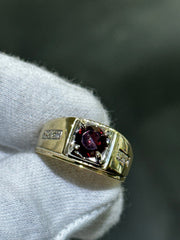 LIV 14k Yellow Gold & Natural Diamond Vintage Halo Round Red Ruby Design Men's Ring