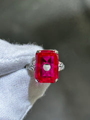 LIV 14k White Gold Red Rubelite Emerald Cut Halo Vintage Band Ring Size 5 Gift