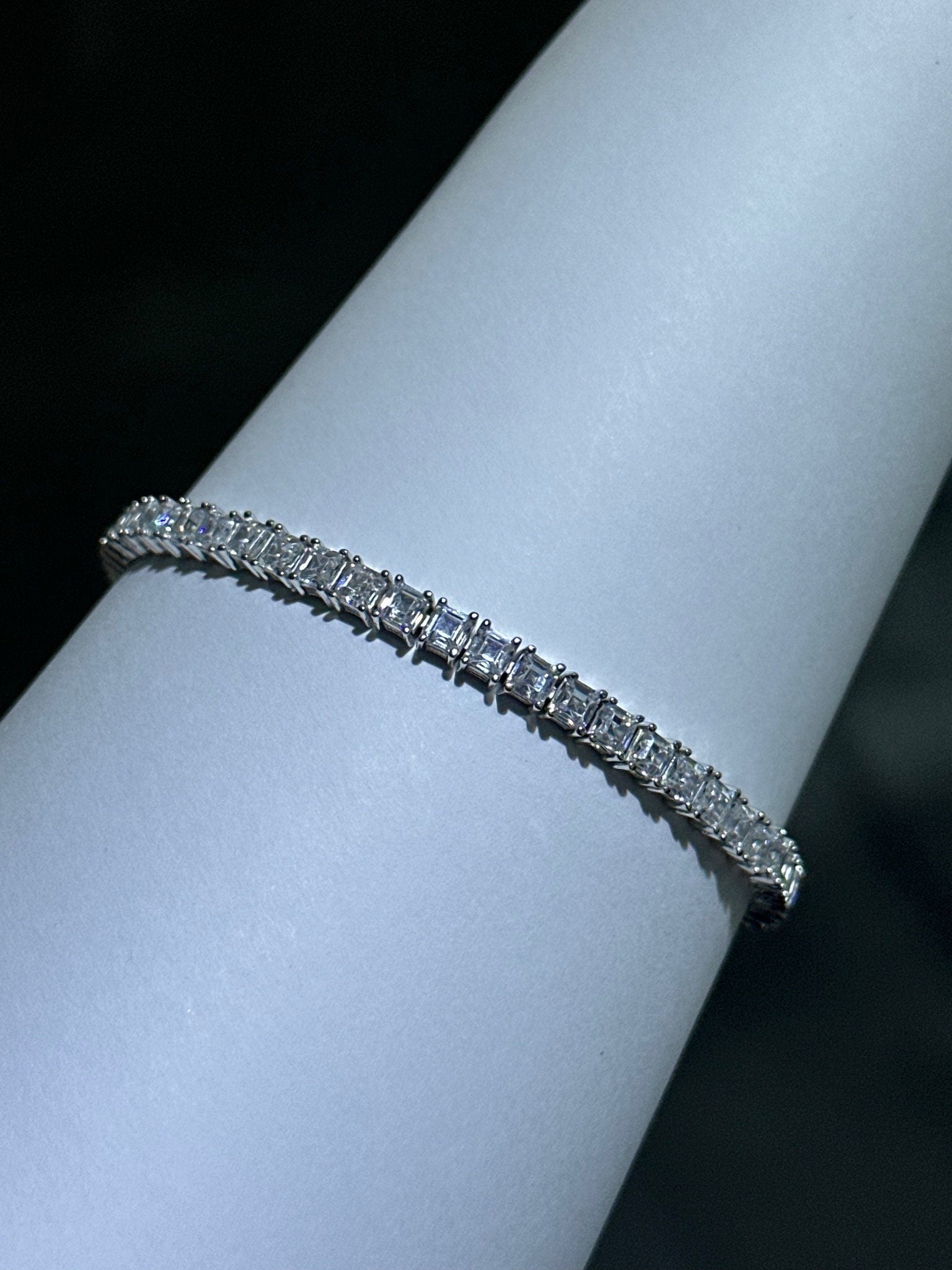 LIV Platinum Sterling Silver Simulated White Sapphire Ascher Cut Tennis Bracelet 7"