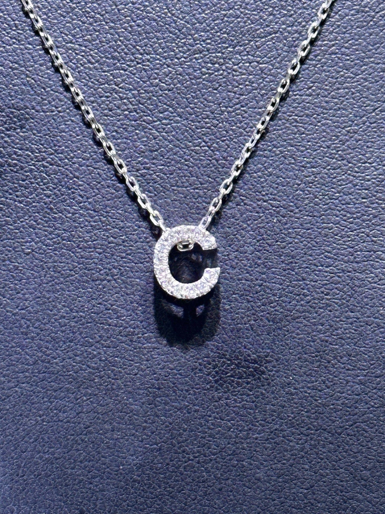 LIV 14k White Gold & Natural Diamonds Initial C Design Letter Alphabet Necklace 16"L