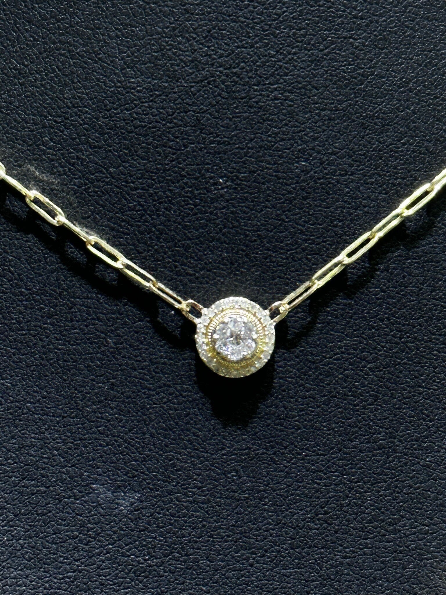 LIV 14k Yellow Gold & Natural Diamonds Halo Design Round Cut Paper Link Necklace 16"