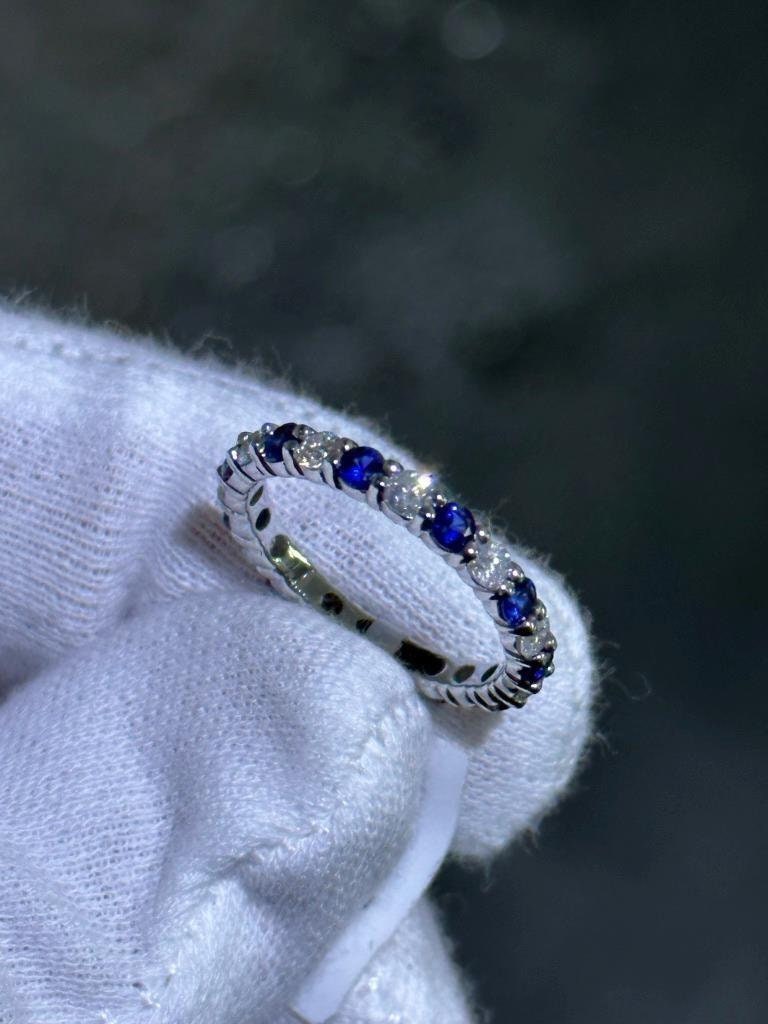 LIV 14k White Gold & Natural Diamonds Blue Sapphire Alternating Band Ring Size 6