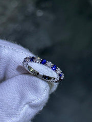 LIV 14k White Gold & Natural Diamonds Blue Sapphire Alternating Band Ring Size 6