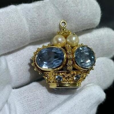 LIV 18k Yellow Gold Vintage Italian Etruscan Multi Gems Large Charm Pendant 32.9 Gr