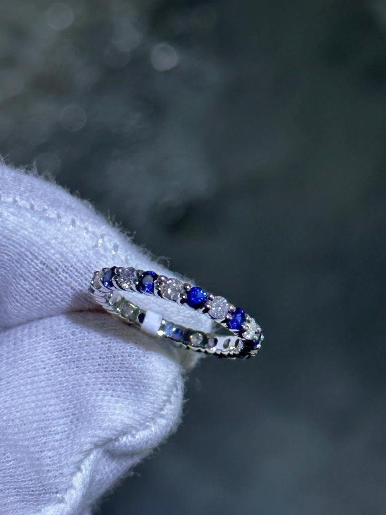 LIV 14k White Gold & Natural Diamonds Blue Sapphire Alternating Band Ring Size 6