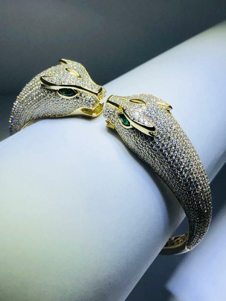 LIV 18k Yellow Gold Sterling Silver Pave White Sapphire Panther Cuff Bangle Bracelet