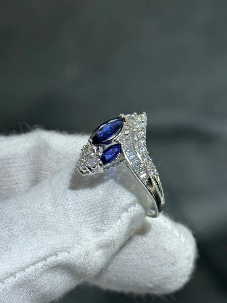 LIV 14k White Gold & Natural Diamonds Blue Sapphire Unique Crossover Band Ring Sz 8