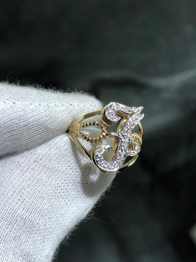 LIV 14k Yellow Gold & Diamonds Cable Design Initial J Halo Band Ring Sz 7 Gift