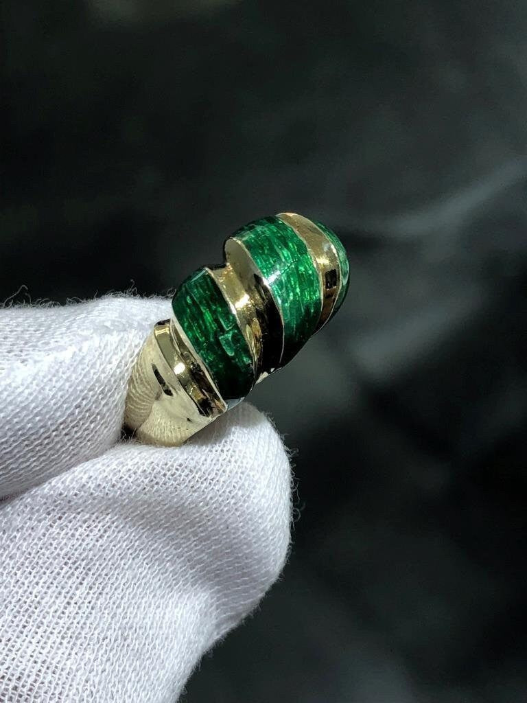 LIV 14k Yellow Gold Diamond Cut Green Enamel Vintage Cigar Design Band Halo Ring Sz 9