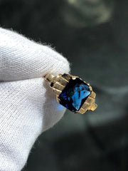 LIV 14k Yellow Gold Emerald Cut Ceylon Blue Sapphire Vintage Halo Ring Size 6.5 Gift