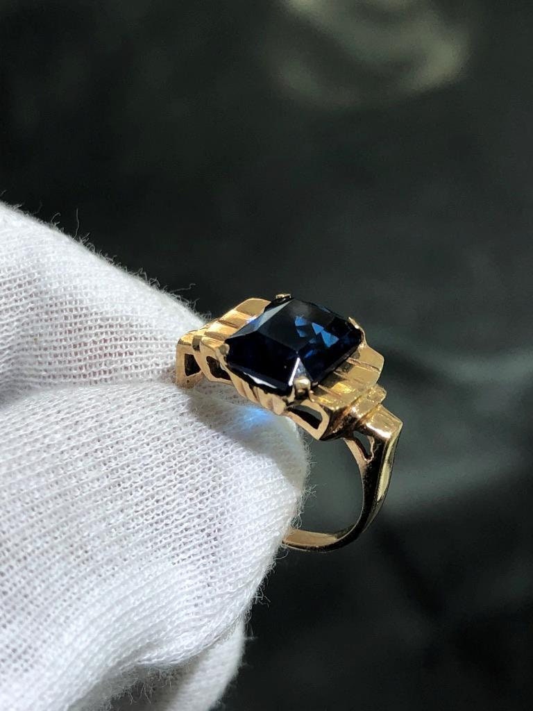 LIV 14k Yellow Gold Emerald Cut Ceylon Blue Sapphire Vintage Halo Ring Size 6.5 Gift