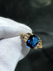 LIV 14k Yellow Gold Emerald Cut Ceylon Blue Sapphire Vintage Halo Ring Size 6.5 Gift