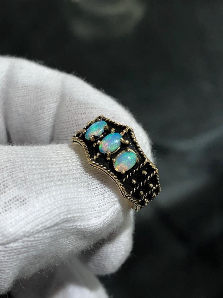 LIV 14k Yellow Gold & White Opals Oxidized Wide Vintage Halo Band Ring Size 6.25