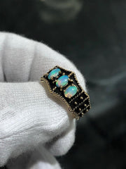 LIV 14k Yellow Gold & White Opals Oxidized Wide Vintage Halo Band Ring Size 6.25