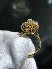 LIV 14k Yellow Gold Diamonds & Red Ruby Marquise Vintage Halo Cocktail Ring Sz 5.75