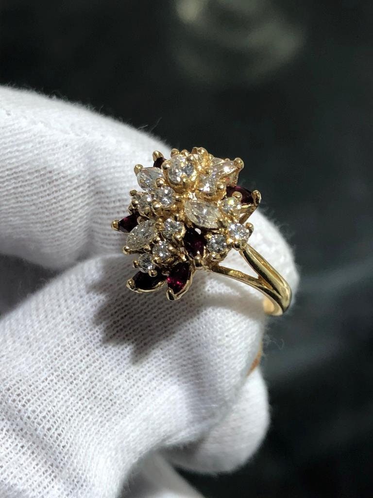 LIV 14k Yellow Gold Diamonds & Red Ruby Marquise Vintage Halo Cocktail Ring Sz 5.75