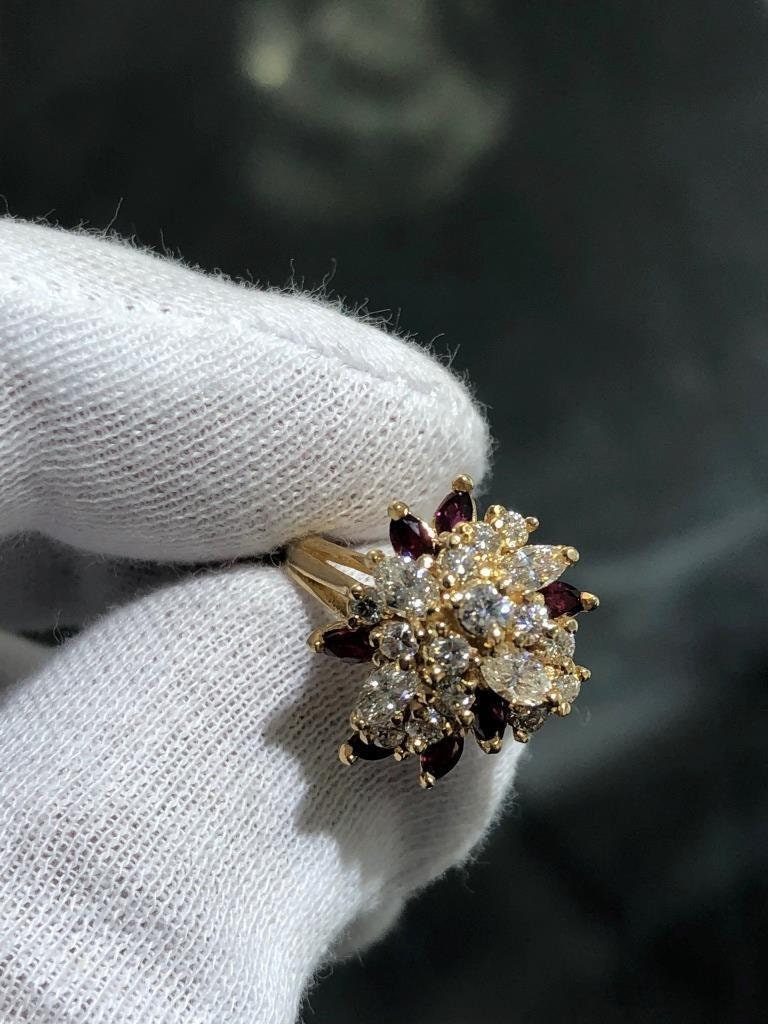 LIV 14k Yellow Gold Diamonds & Red Ruby Marquise Vintage Halo Cocktail Ring Sz 5.75