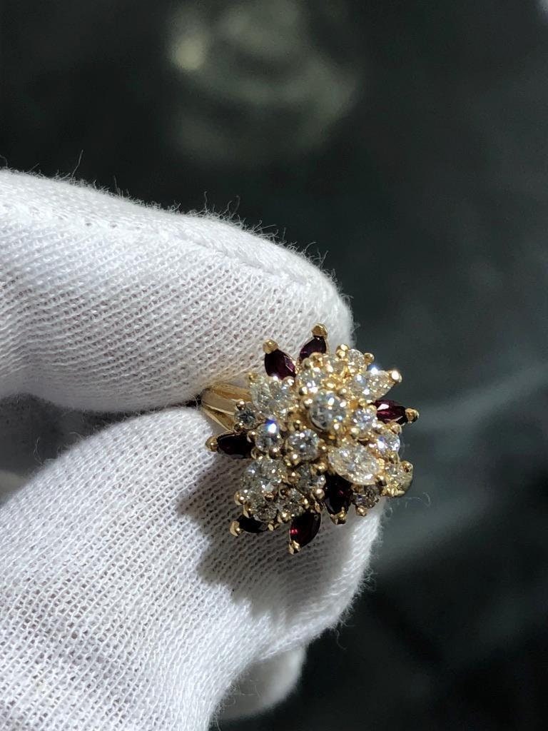 LIV 14k Yellow Gold Diamonds & Red Ruby Marquise Vintage Halo Cocktail Ring Sz 5.75