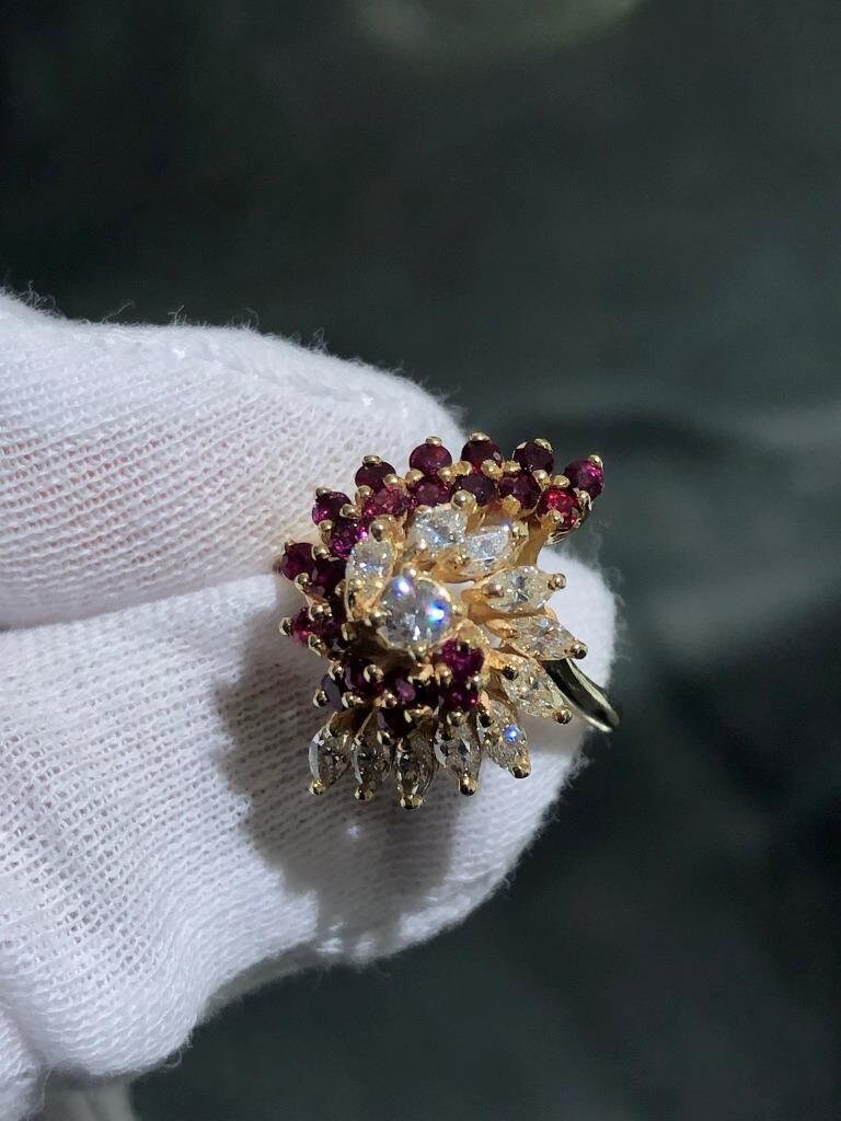 LIV 14k Yellow Gold Diamonds & Red Ruby Cocktail Design Vintage Band Ring Size 7