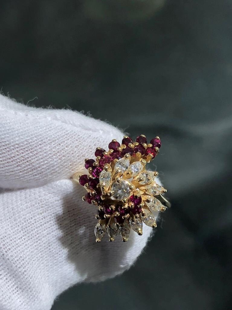 LIV 14k Yellow Gold Diamonds & Red Ruby Cocktail Design Vintage Band Ring Size 7