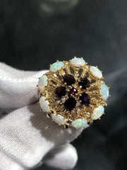 LIV 14k Yellow Gold White Opals & Red Garnet Cocktail Halo Vintage Band Ring Size 7