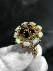 LIV 14k Yellow Gold White Opals & Red Garnet Cocktail Halo Vintage Band Ring Size 7