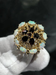 LIV 14k Yellow Gold White Opals & Red Garnet Cocktail Halo Vintage Band Ring Size 7