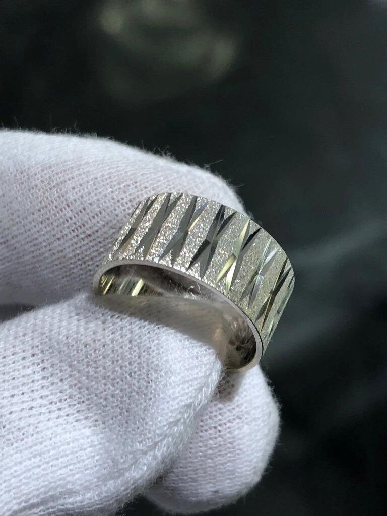 LIV 14k White Gold Diamond Cut 9mm Wide Vintage Cigar Band X Halo Ring Sz 6.5 Gift