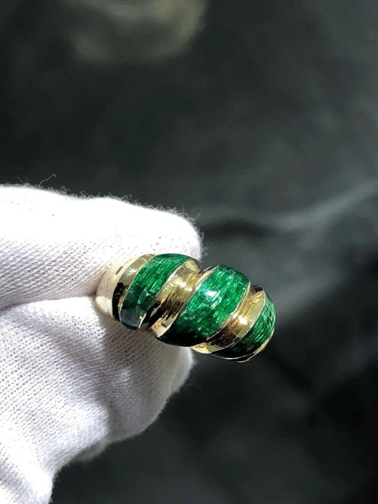 LIV 14k Yellow Gold Diamond Cut Green Enamel Vintage Cigar Design Band Halo Ring Sz 9