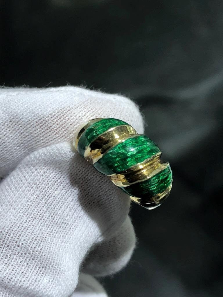 LIV 14k Yellow Gold Diamond Cut Green Enamel Vintage Cigar Design Band Halo Ring Sz 9