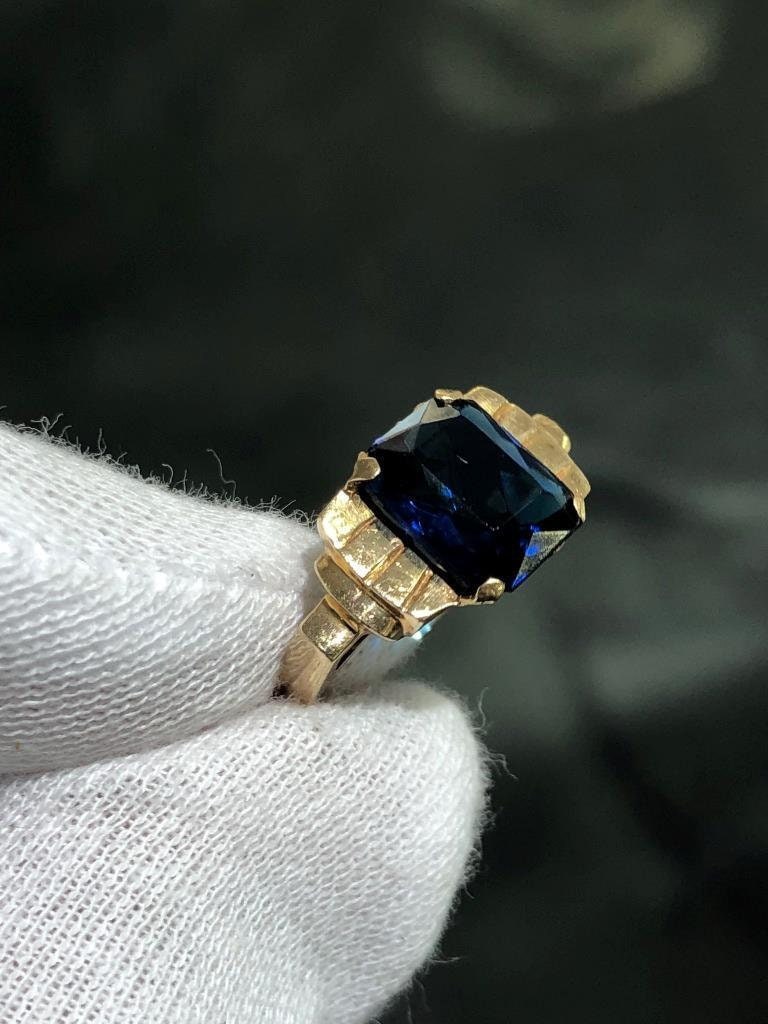 LIV 14k Yellow Gold Emerald Cut Ceylon Blue Sapphire Vintage Halo Ring Size 6.5 Gift