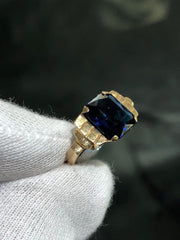 LIV 14k Yellow Gold Emerald Cut Ceylon Blue Sapphire Vintage Halo Ring Size 6.5 Gift