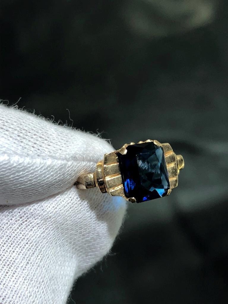 LIV 14k Yellow Gold Emerald Cut Ceylon Blue Sapphire Vintage Halo Ring Size 6.5 Gift