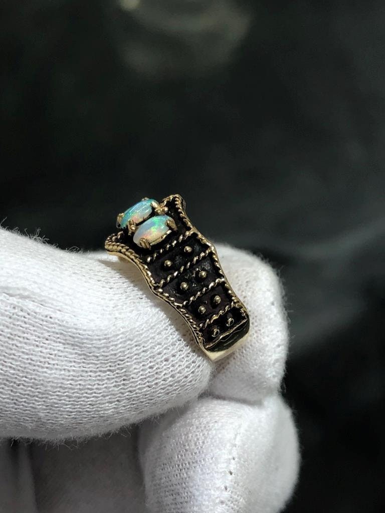 LIV 14k Yellow Gold & White Opals Oxidized Wide Vintage Halo Band Ring Size 6.25