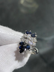 LIV 14k White Gold Diamonds Blue Sapphire Marquise Vintage Halo Cocktail Ring Sz 7