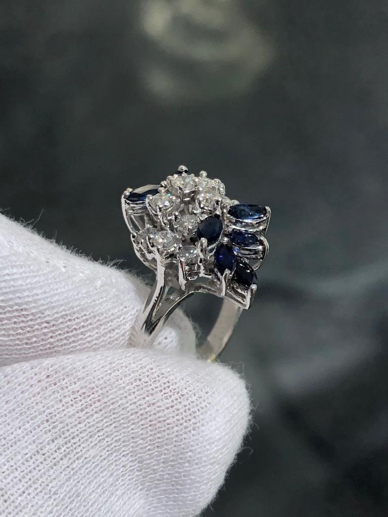 LIV 14k White Gold Diamonds Blue Sapphire Marquise Vintage Halo Cocktail Ring Sz 7