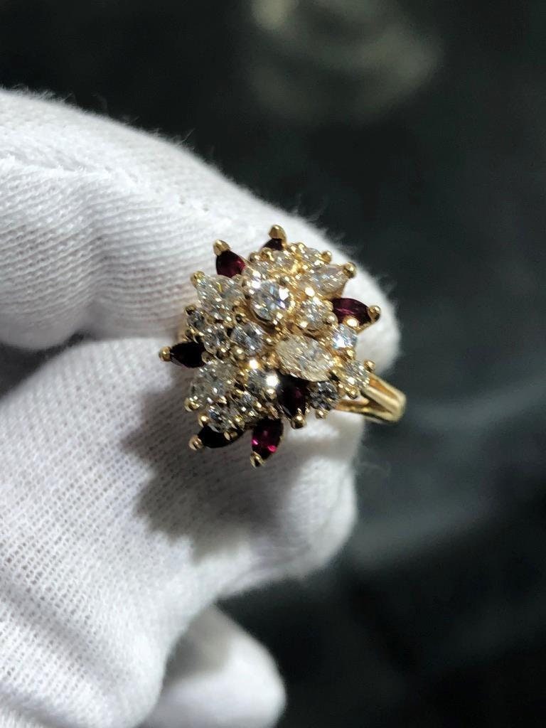 LIV 14k Yellow Gold Diamonds & Red Ruby Marquise Vintage Halo Cocktail Ring Sz 5.75