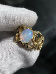 LIV 14k Yellow Gold Oval Cut White Opal Vintage Halo Band Ring Size 5.5 Gift